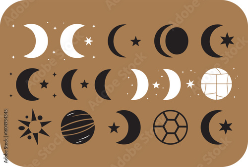Celestial phases of the moon and cosmic elements displayed on a warm brown background with subtle star accents