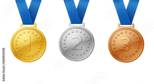 Three medals gold silver and bronze hang with blue ribbons representing first second and third place achievements isolated on transparent background