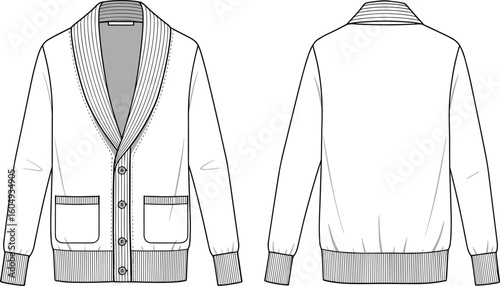 Shawl collar cardigan front and back view, buttoned design, patch pockets, knit cuffs and hem, casual fashion CAD drawing vector illustration