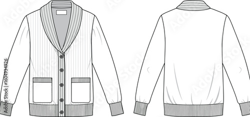 Men’s cardigan sweater front and back view, button-up design, ribbed cuffs and hem, flat fashion CAD drawing vector illustration