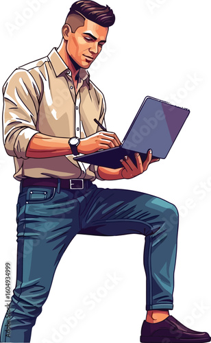 Man standing with laptop and stylus