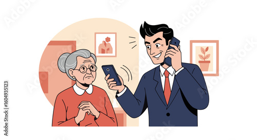 Depiction of scam, an elderly woman being targeted by a phone call with nefarious intent. Elderly fraud using mobile phones shows deceptive tactics,