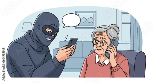 Elderly woman victim of fraud on phone, receiving scam call from criminal in mask. Phone fraud includes masked man holding smartphone and speech bubble above.