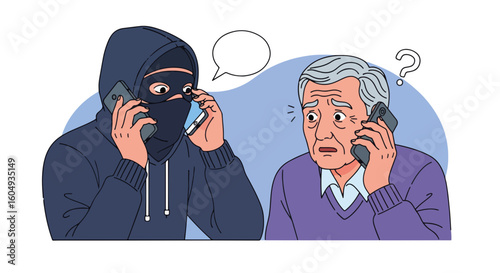 Fraud call concept showing hooded figure on phone with worried senior man, fraud call victim, expressing distress. Fraud call from scammer evokes emotional reaction from confused and concerned person.