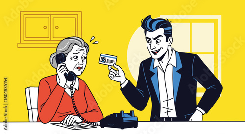 Illustration of a scam, with elderly woman talking on telephone and shady man holding her credit card. This scam drawing highlights identity theft and financial fraud,