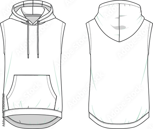 Sleeveless hoodie front and back view, pullover design, kangaroo pocket, adjustable drawstring hood, casual streetwear CAD drawing vector illustration