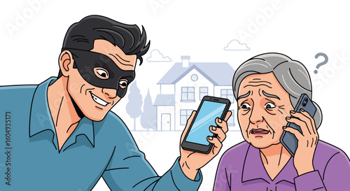 Phone scam with elderly woman being tricked by thief using mobile phone, creating a scenario of deception. Phone scam involves impersonation, fraud, and digital crime to access sensitive information.
