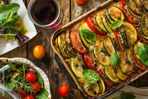 Overhead shot of vegetable tian in baking dish, side salads, and wine on a wood table. Warm colors dominate.