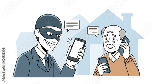 Phone scam is a growing threat. Phone scam illustrating elderly man as victim of online fraud on his mobile phone,