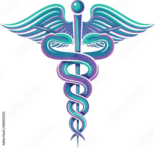 Caduceus medical symbol in teal and purple
