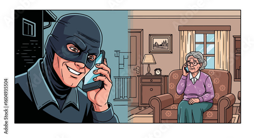 Illustration of phone scam showing a masked criminal contacting an elderly woman, he is making a fraudulent call. Illustration portrays phone scam with thief making deceptive contact.