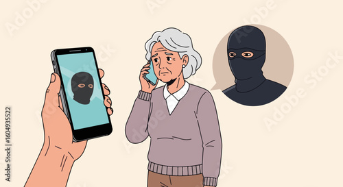 Phone scam featuring elderly woman getting a call from a criminal, as hand holds device with masked face, symbol of fraud. Phone scam shows how easily vulnerable populations can be targeted by fraud.