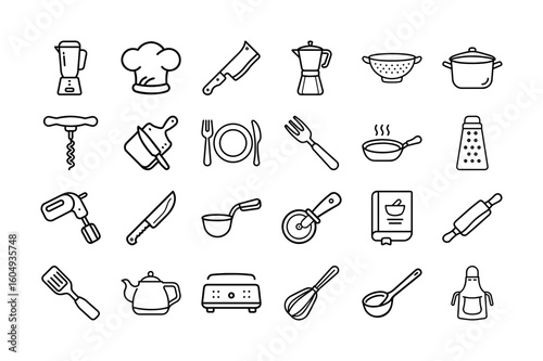 Kitchen Vector Icon Set. Blender, Chef Hat, Knife, Fork, Plate, Cooking Pan, Colander, Coffee Maker, Rolling Pin, Toaster, Grater, Ladle, Whisk, and More. Editable Line Icons. Vector Illustration.