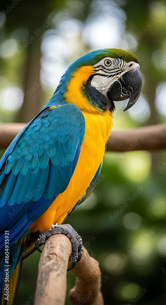 Obraz premium Close-up of a vibrant blue and yellow macaw perched on a branch.