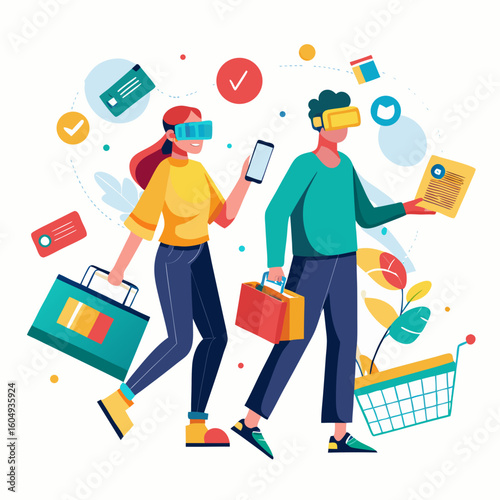 Couple using virtual reality headsets for online shopping and digital experiences with shopping bags and a cart