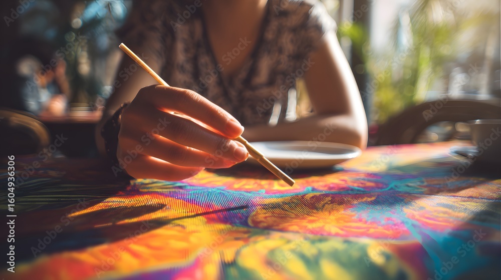 Obraz premium A person painting on a vibrant, colorful surface, showcasing creativity and artistic expression in a relaxed setting.