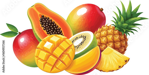 Vector art of a colorful assortment of tropical fruits including mango, pineapple, kiwi, and papaya