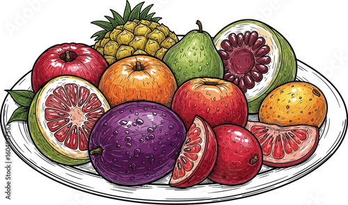 Vector art of a colorful and exotic assortment of fruits on a plate isolated on white background