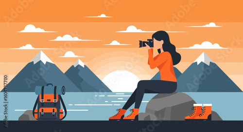 Capturing Mountain Views Woman Photographer At Serene Lake Landscape Scene