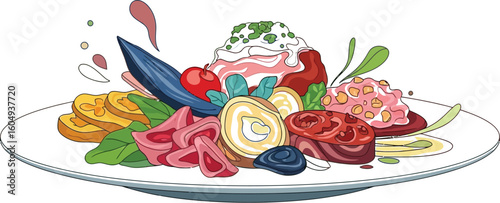 Vector art of a colorful and appetizing dish with a variety of meats, vegetables, and sauces is presented on a white plate, isolated on white background