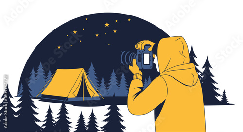 Capturing Night Scenes Photographer Camping Under Starry Sky Illustration