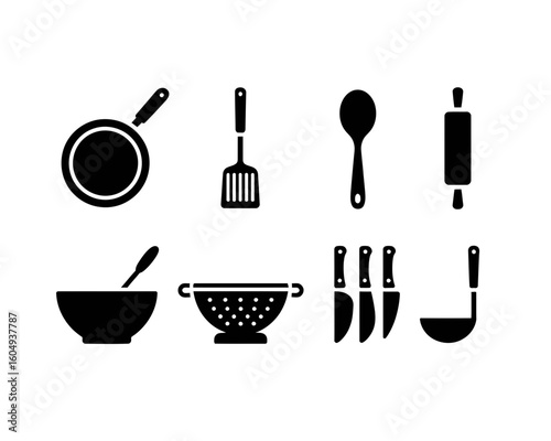 Collection of kitchen utensil silhouettes including a frying pan spatula spoon rolling pin bowl colander knives and ladle isolated on white background silhouette