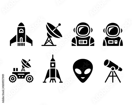 Collection of space exploration icons featuring rockets astronauts and aliens silhouette isolated on white background