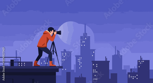 Capturing Urban Night A Photographer On Rooftop Takes Cityscape Picture
