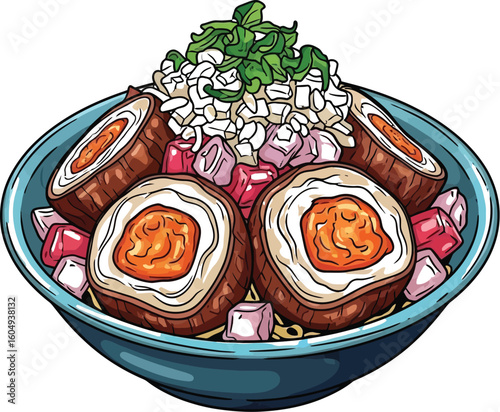 Vector art of a vibrant bowl of ramen with marinated eggs, fresh herbs, and diced vegetables isolated on white background