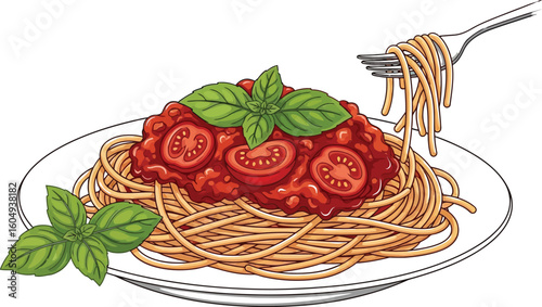 Vector art of a plate of spaghetti with tomato sauce and basil, twirled on a fork isolated on white background