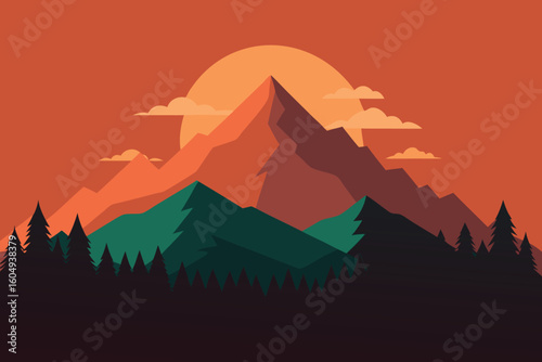 Vibrant Flat Design Sunset over Majestic Mountain Peaks and Pine Forest Silhouette