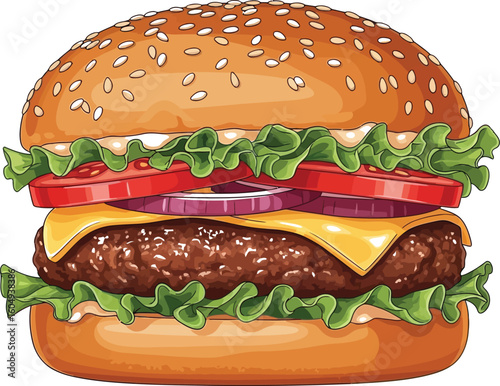 Vector art of a juicy hamburger isolated on white background is a classic fast food meal with beef, cheese, and fresh toppings