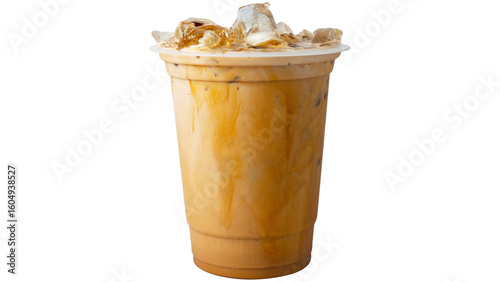 iced caramel coffee with swirling milk and espresso
cold brew coffee in plastic cup with caramel drizzle
sweet milky iced latte with bold espresso layers