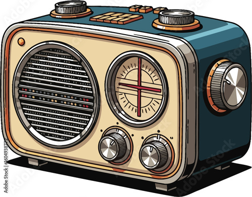 Vector art of a vintage radio with knobs and dials on a white background, isolated on white background
