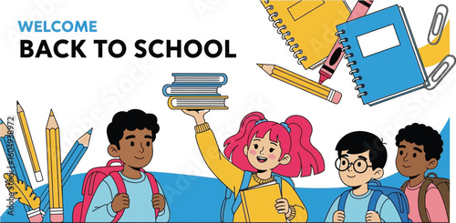 Vector art of a group of diverse students welcomes everyone back to school with books and school supplies