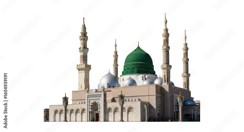 Obraz premium Green dome mosque with minarets isolated on transparent background