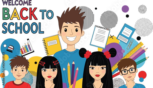 Vector art of a vibrant back to school illustration showcasing a group of diverse students with school supplies, creating a welcoming and fun atmosphere for learning