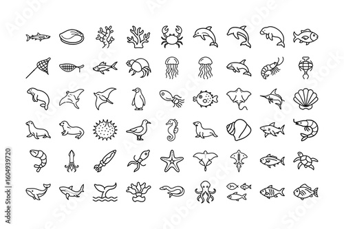 Sea Animals Vector Icon Set. Fish, Dolphin, Whale, Shark, Jellyfish, Crab, Seahorse, Turtle, Octopus, Seahorse, Squid, Coral, Starfish, Marine Life, and More. Editable Line Icons. Vector Illustration.