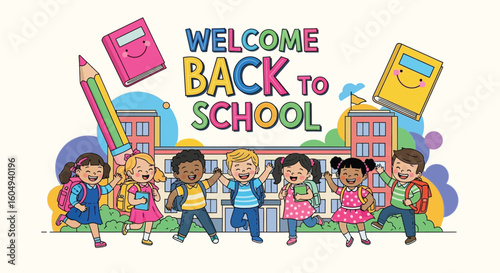Vector art of a group of happy cartoon children are running towards school with books and backpacks, celebrating their return to education