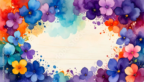 白い木目調のテクスチャー素材、可愛らしいすみれの花のフレームが彩るフラットなイラスト