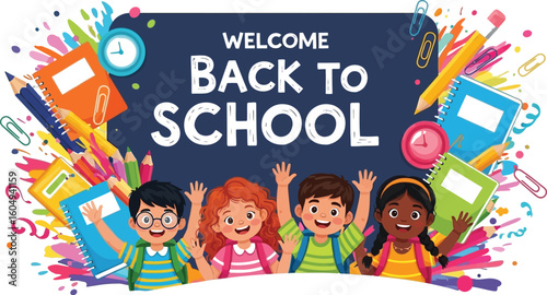 Vector art of a vibrant welcome back to school illustration with happy children and colorful school supplies isolated on white background