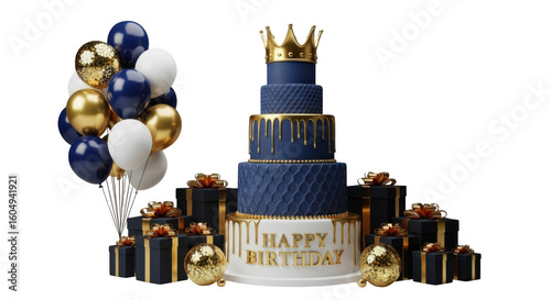 Tall navy blue birthday cake with gold crown and balloons isolated on transparent background