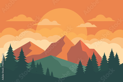 Scenic mountain landscape with a pine forest at a vibrant orange sunset