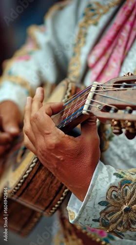 Close-up of hands skillfully strumming a vihuela, a traditional instrument, in a vibrant Mariachi celebration