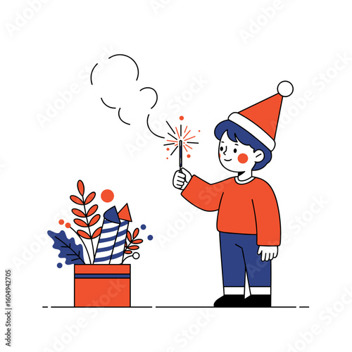 Young boy celebrating with sparkler near decorated gift box  