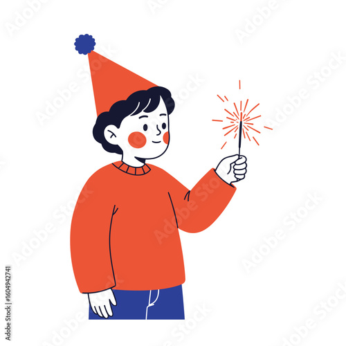 Boy in party hat holding sparkler and smiling on white background  