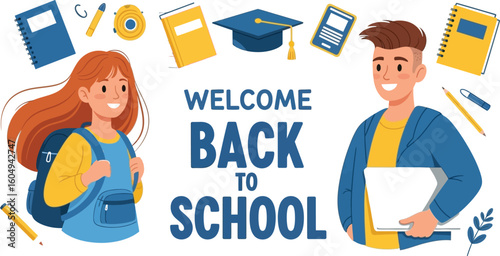 Vector art of a cheerful illustration welcomes students back to school with a boy and girl surrounded by school supplies
