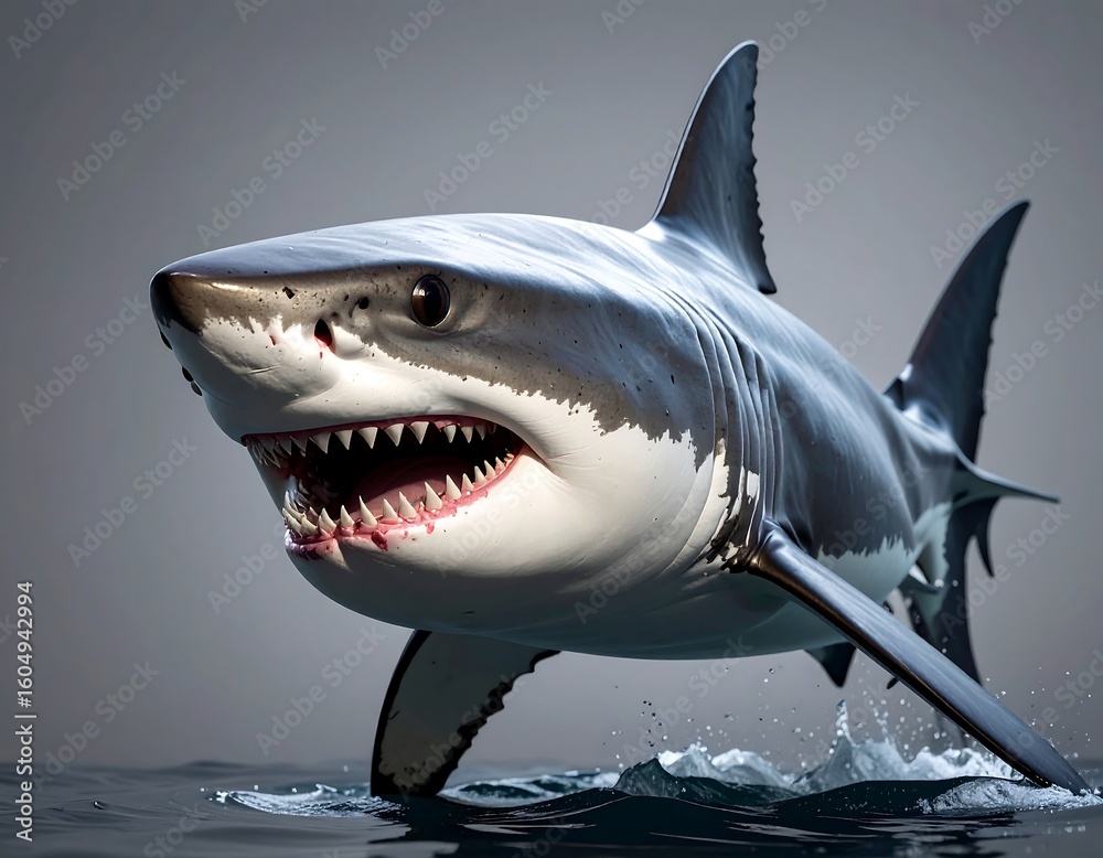 Naklejka premium Powerful great white shark leaping from water