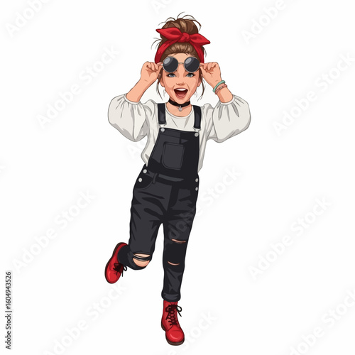 Stylish young girl in trendy overalls cheerfully posing against a white isolated background with copy space.