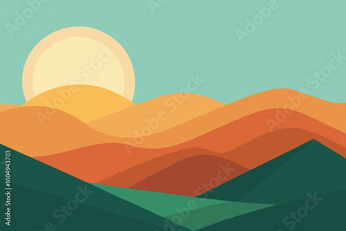 Serene Sunset Over Rolling Hills A Warm, Colorful Landscape Illustration